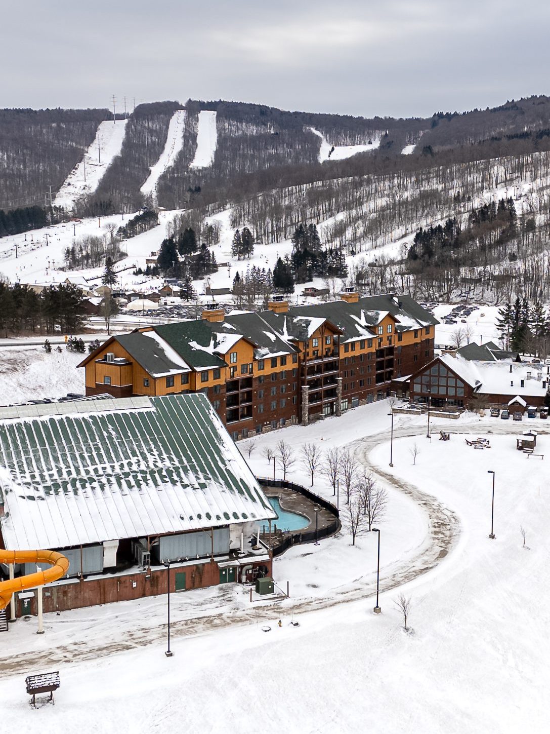 Winter resort with snow-covered slopes.