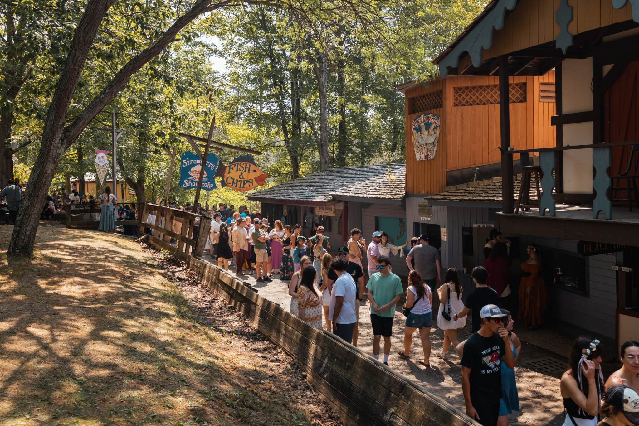 Crowds explore artisan shops, food vendors, and live entertainment throughout the lively streets of the Sterling Renaissance Festival.