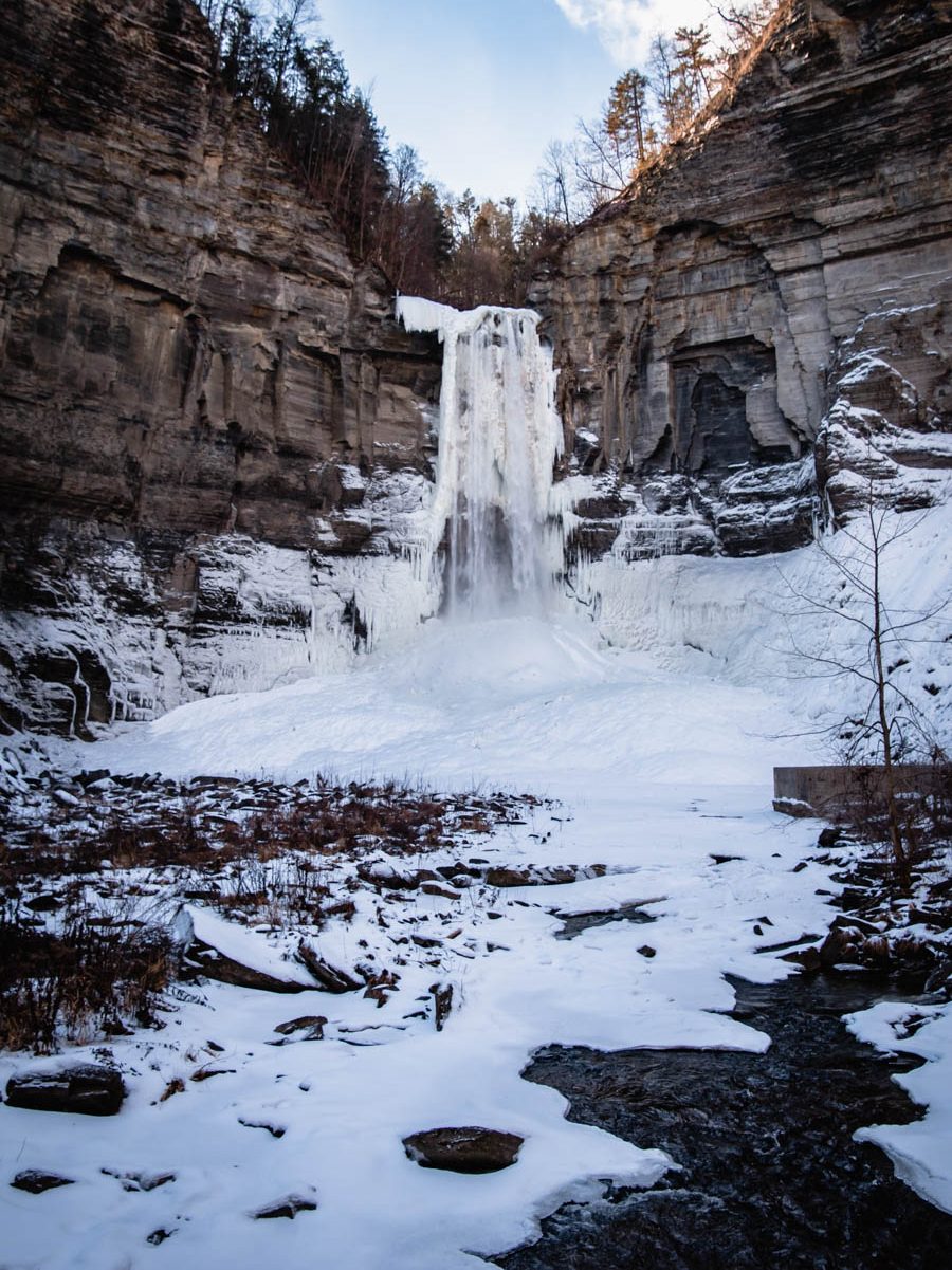 Frozen waterfall in a rocky canyon